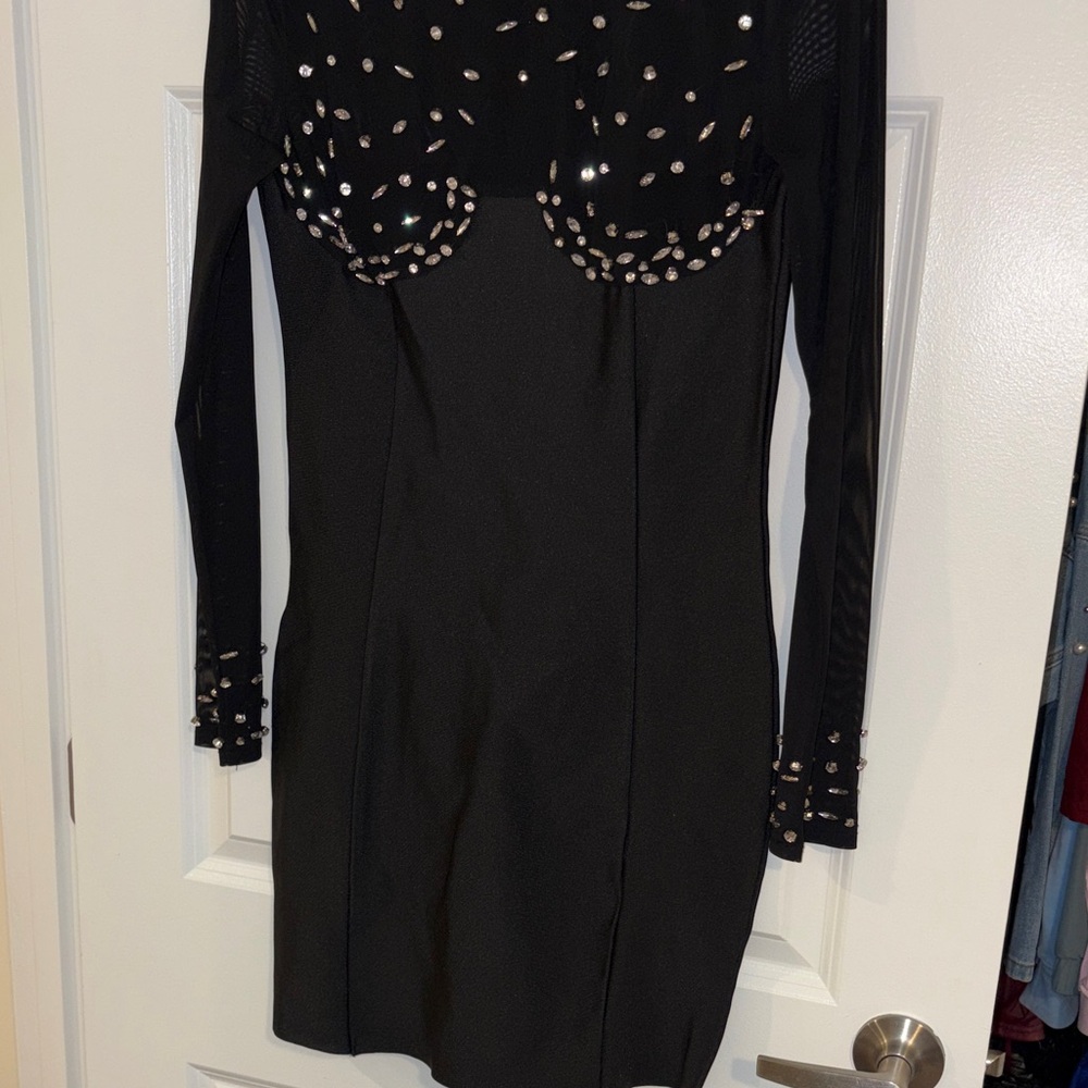 Sexy Black Mesh Rhinestone Dress Size L Sheer Long Sleeve Clubwear - Picture 5 of 5